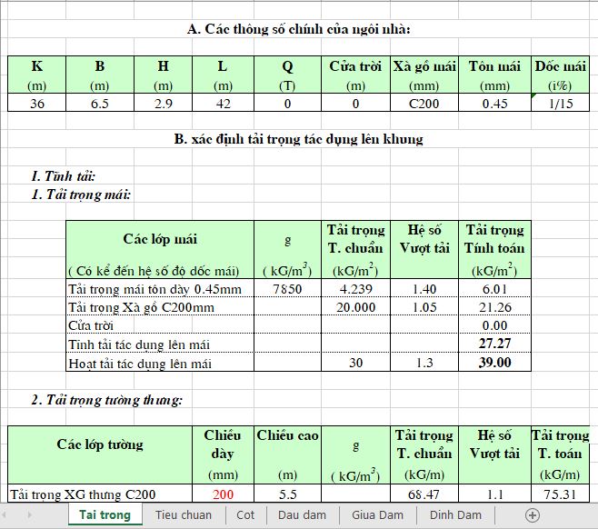 Bảng tính excel nhà thép tiền chế