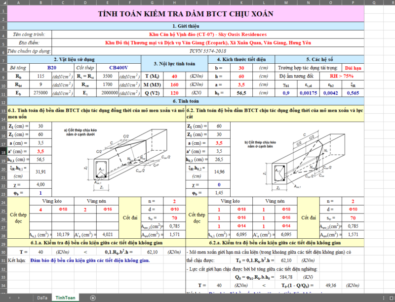 BẢNG TÍNH KIỂM TRA DẦM CHỊU XOẮN THEO TCVN 5574:2018