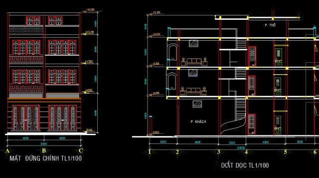 Bản vẽ cad thiết kế kiến trúc nhà mặt phố 8m x 20m 4 tầng