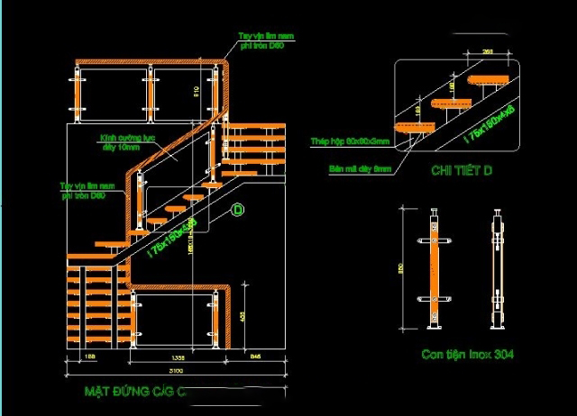 Bản vẽ autocad lan can kính – Lan can cầu thang