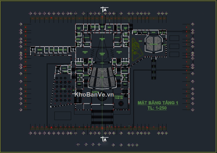 File cad bản vẽ sơ bộ kiến trúc nhà hát kích thước 45×82.2m