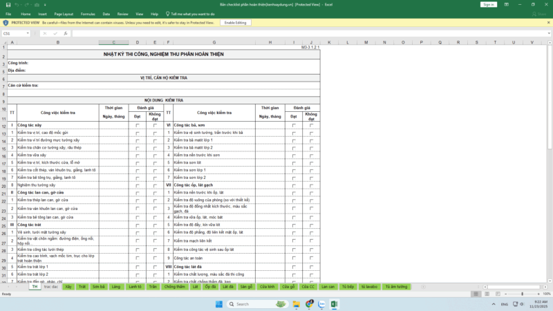 [Tài liệu] Bảng checklist phần hoàn thiện đầy đủ