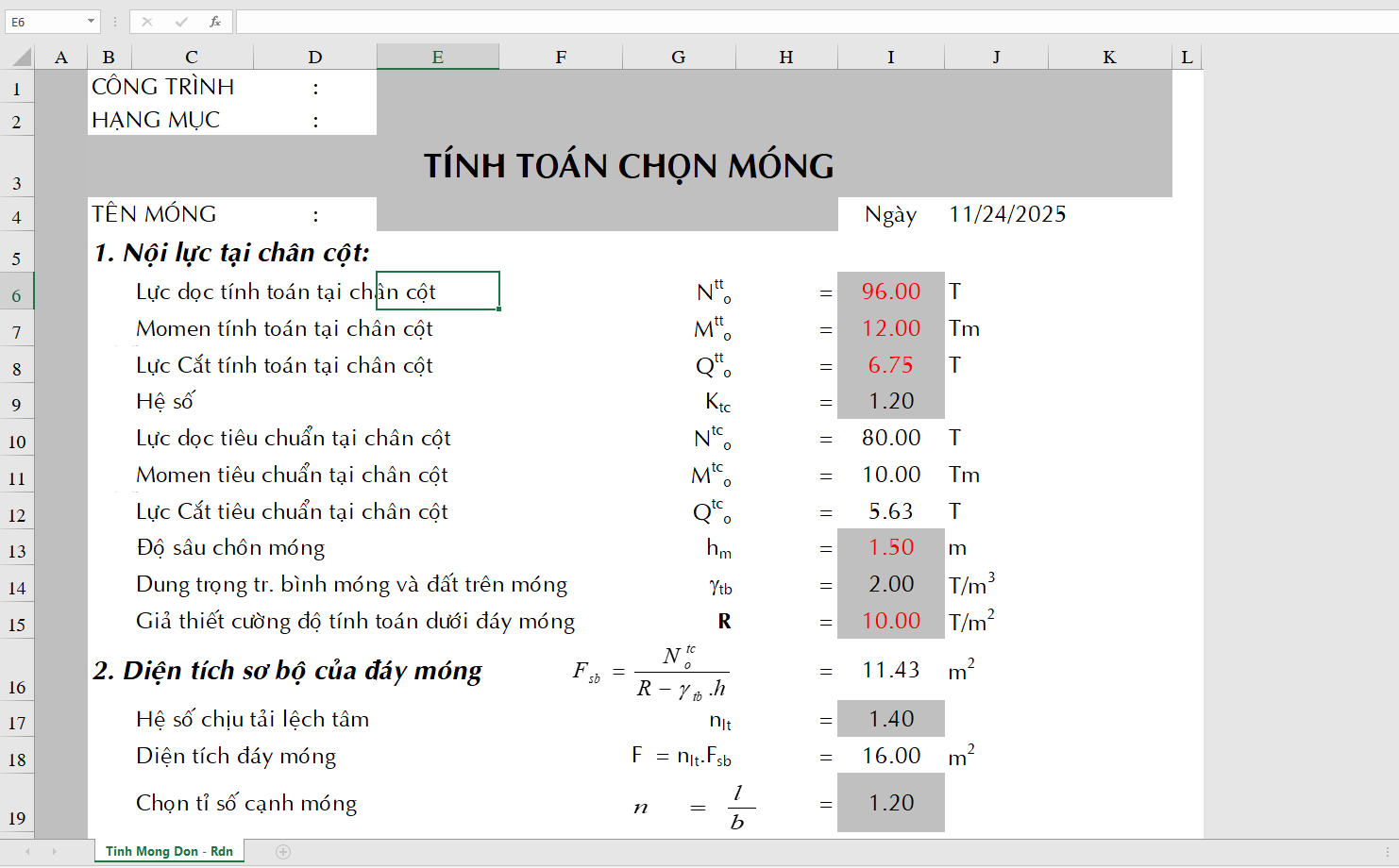 [EX] Bảng excel chọn kích thước móng